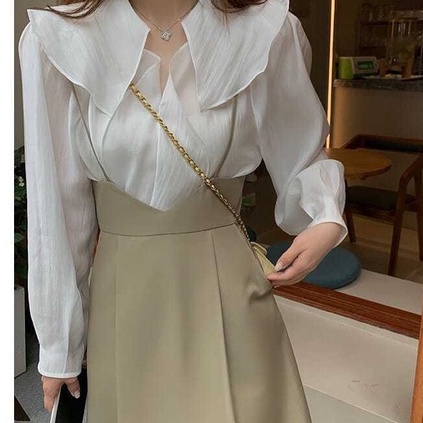 Setelan Temperamen Gaya Baru Blus Retro Prancis Wanita + Rok Suspender Temperamen Awal Musim Gugur Setelan Fashion Dua Potong-6