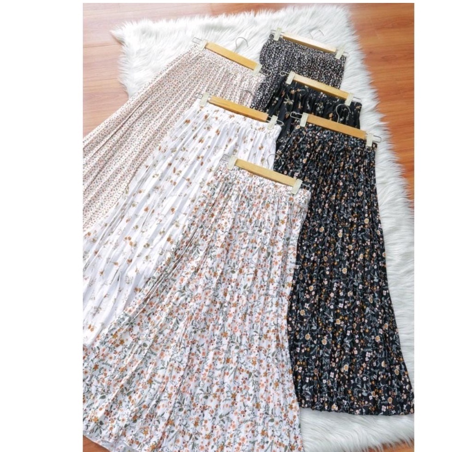 (BISA COD) Rok plisket panjang motif bunga premium tebal bawahan Wanita remaja jumbo polos muslim im