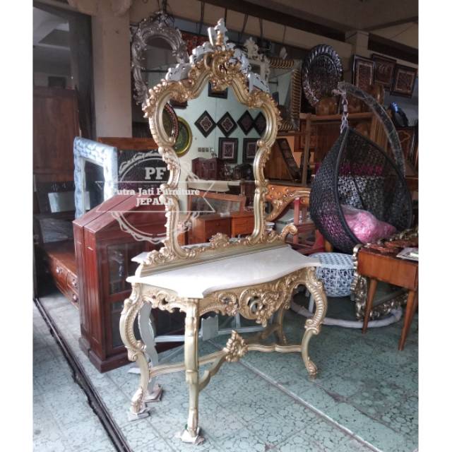 Meja rias cermin ukir tolet kayu jati Jepara warna kombinasi