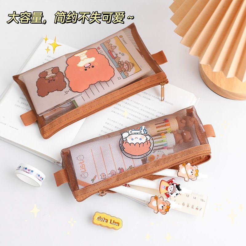 [COD] Tempat Pensil Lucu Cute Model Jaring Transparan Coklat dan Multicolour Cute Import Kekinian