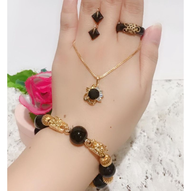 set wanita lapis emas gelang giok hitam naga terawet
