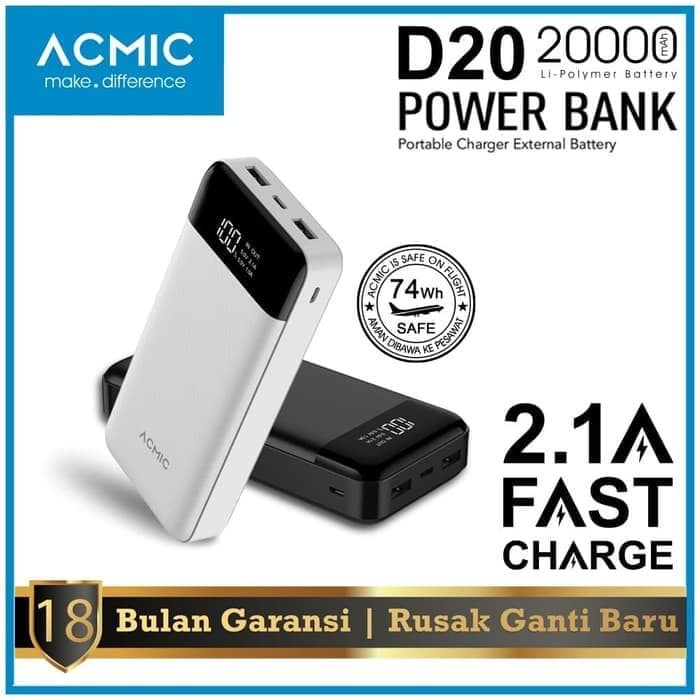FAVORIT ACMIC D20 20000mAh Digital Display + 2A Fast Charge PowerBank - Putih