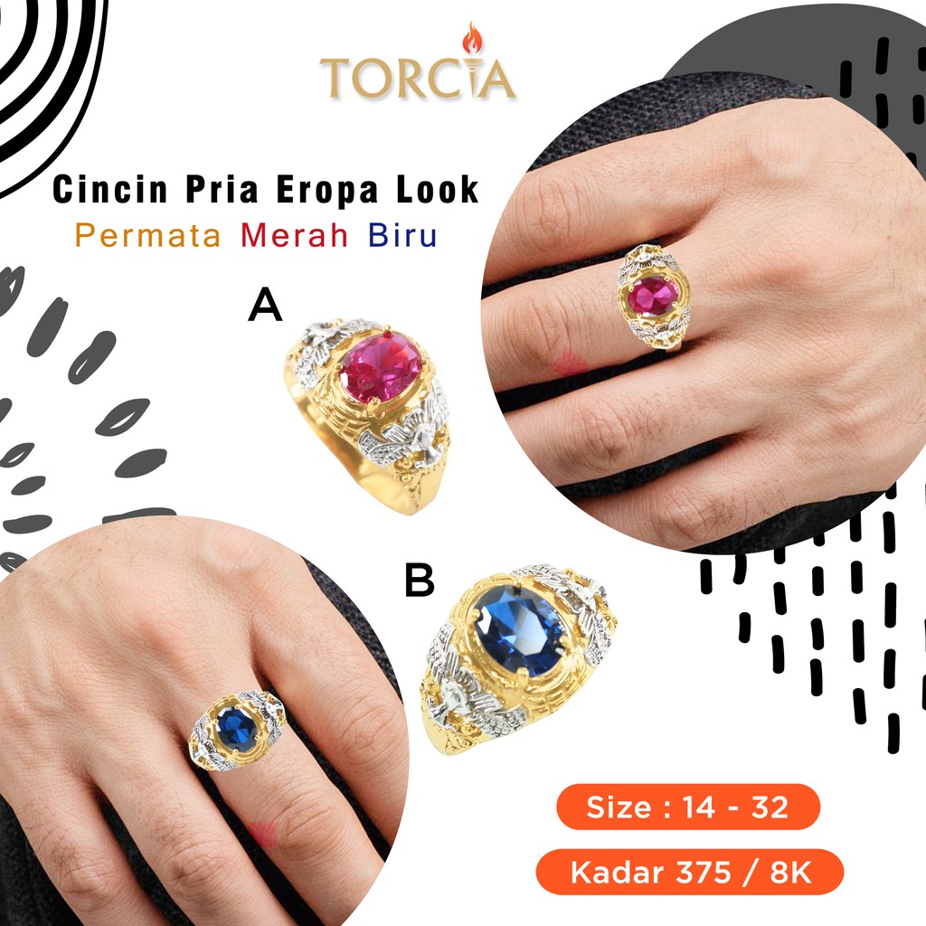 Cincin Pria Emas Asli Eropa Look Permata Merah Biru Kadar 375 Torcia