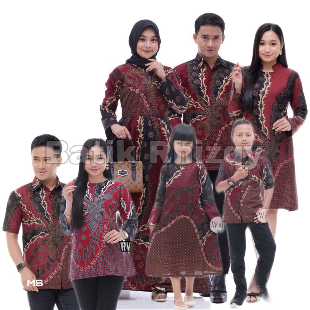 Batik Couple Set Pakaian Keluarga Family Katun M-Jumbo Motif Manuk Petir Merah Maroon Marun