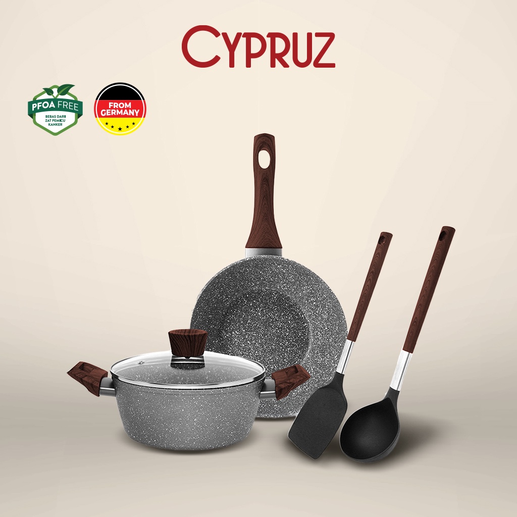Cypruz Marble Set Panci + Penggorengan + Spatula / Cookware Set 5 Pcs
(PI-0902)