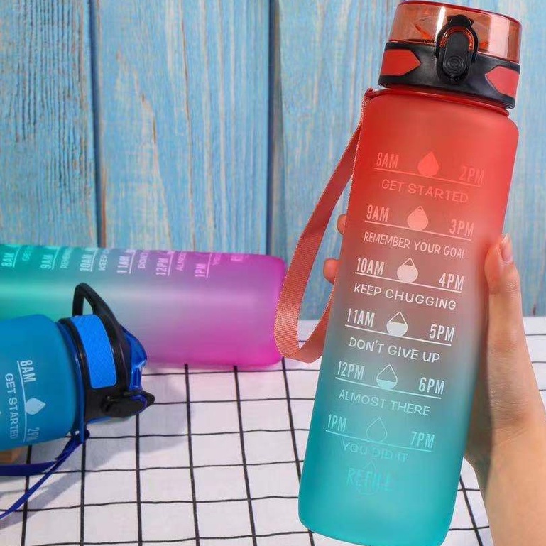 Botol Minum warna Gradasi  pelangi Motivasi  1 liter free sticker 2d / 3d 5pcs