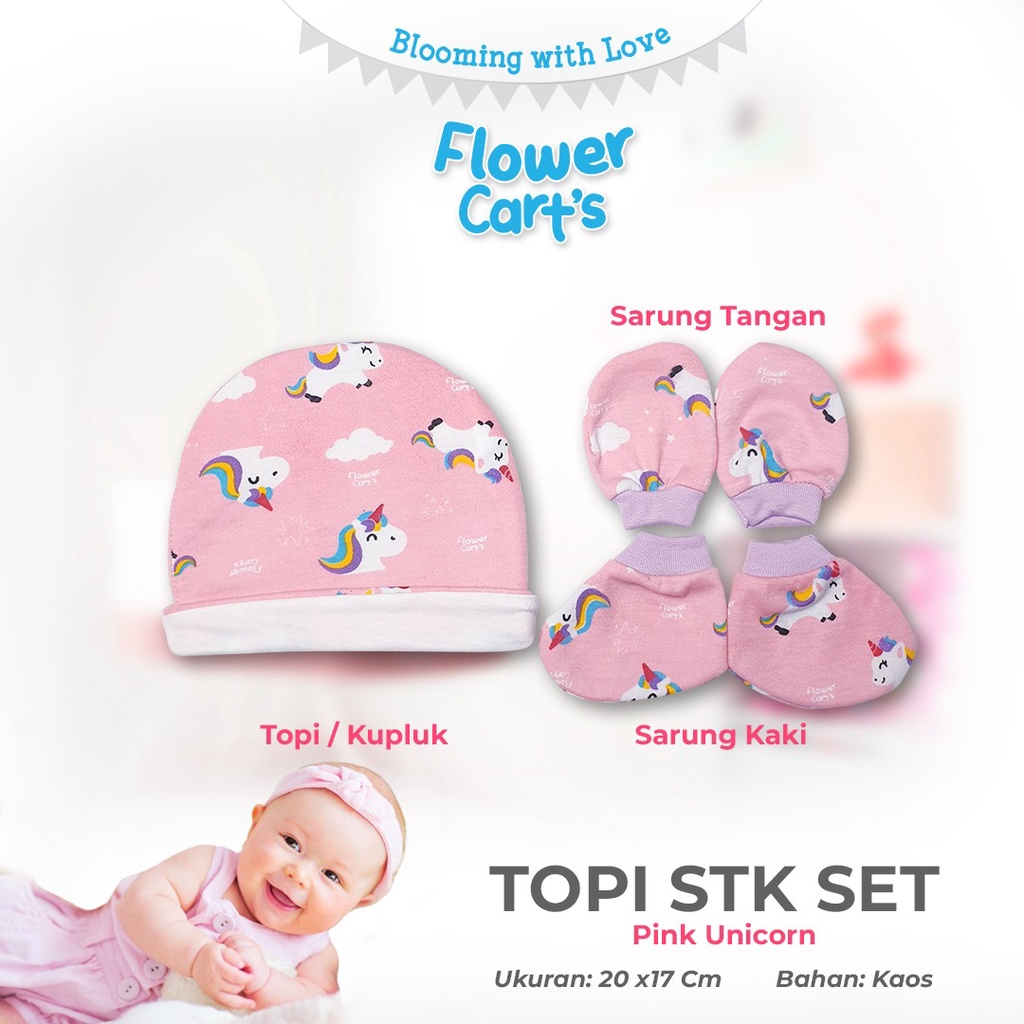 MOMS_TOPI+STK SET FLOWER//TOPI BAYI SARUNG TANGAN KAKI SET NEW BORN