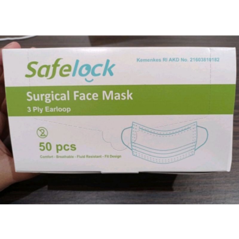 Masker Medis 3 ply Safelock Headloop Earloop Isi 50 AKD Kemenkes