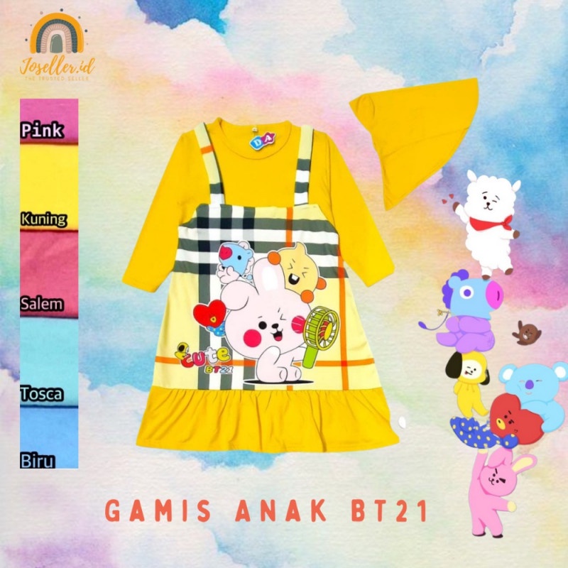 DRESS GAMIS MUSLIM SET HIJAB ANAK PEREMPUAN MOTIF KARAKTER BTS BT21 2-10 TAHUN