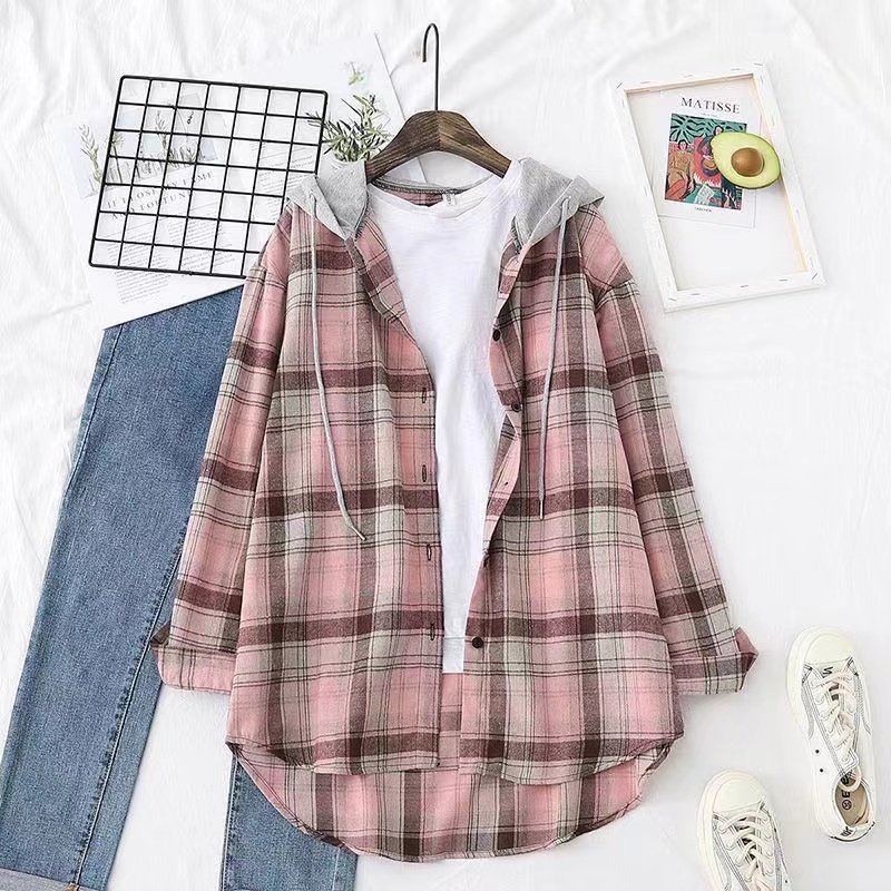 kemeja wanita Korea plaid shirt oversize retro panjang lengan semua pertandingan