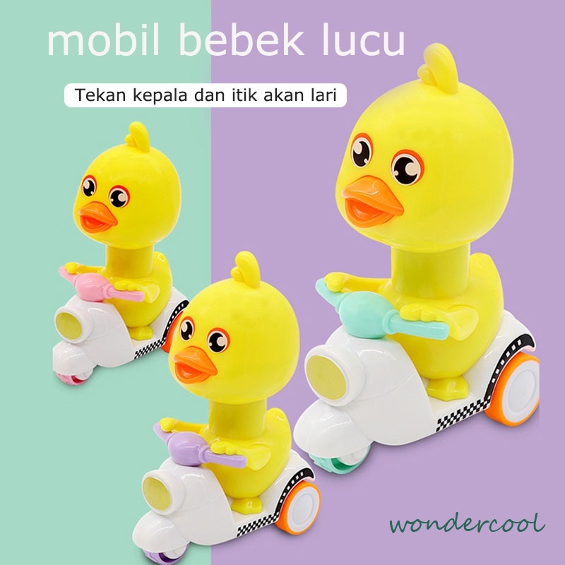 Mainan anak mobil mobilan bentuk lucu Tarik mundur sepeda motor bebek kuning kecil dan jalankan mainan vibrato bebek merah jaring-Won