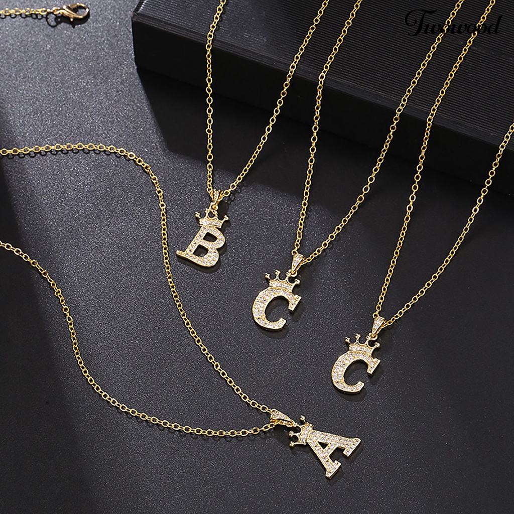 Twowood Letter Necklace Rhinestone Crown Letter Pendant Adjustable Chain Women Necklace for Gift