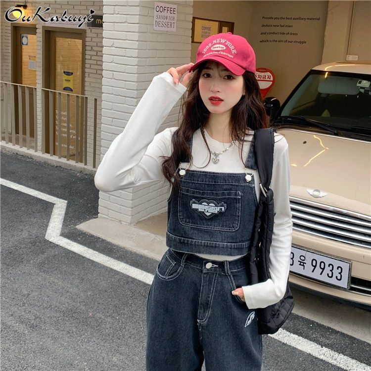 Suhao American Spice Girl Denim Kaki Lebar Musim Semi Pakaian Baru High-Wist Split Strap Pants Dark Straight Pants