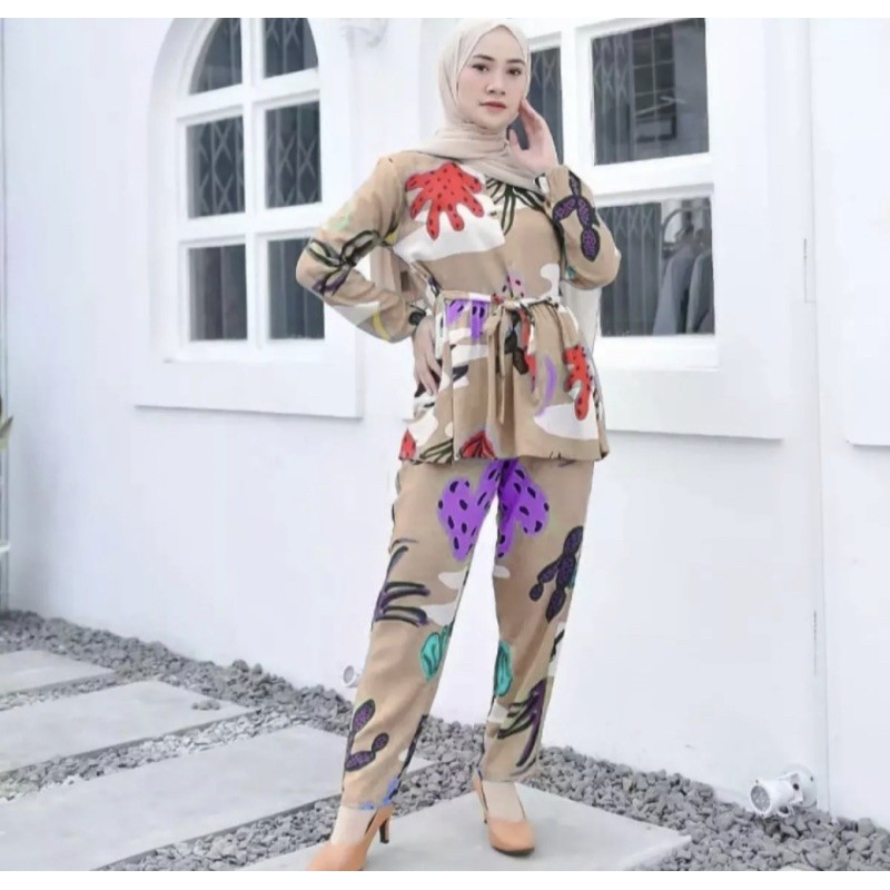 setelan wanita katun tali pinggang/baju setelan wanita viral/setelan murah