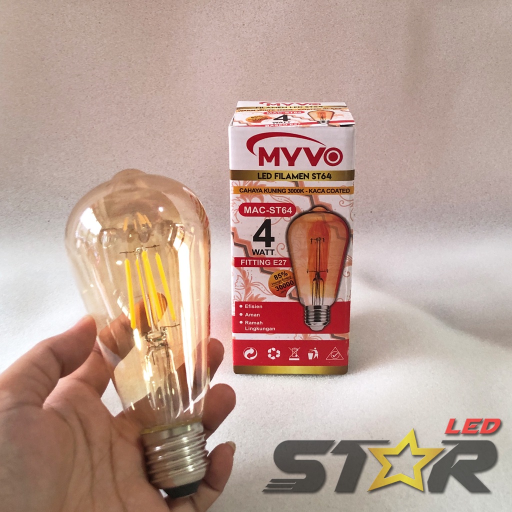 MYVO LAMPU LED FILAMEN MAC ST64 4 WATT WARM WHITE KUNING PIJAR LAMPU DEKORASI CAFE 4 WATT MURAH AWET TAHAN LAMA STAR LED