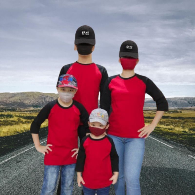 Baju Kapelan Keluarga Kaos Kapel Merah Lengan Hitam 3/4 Dewasa Dan Anak Ukuran 20 22 S M L XL XXL