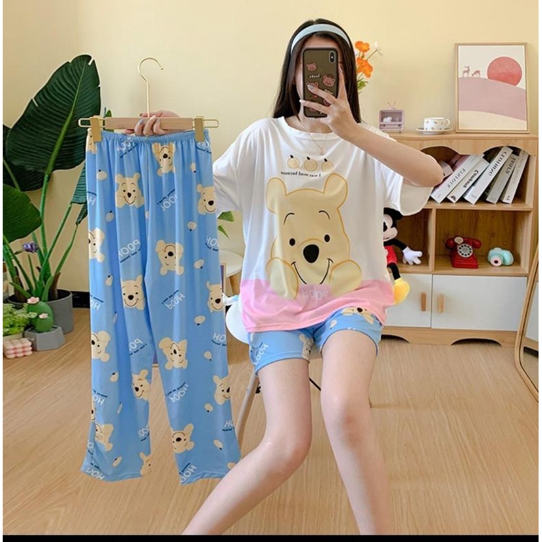 MDLV ~ BAJU TIDUR SET 3IN1 POOH CUTE BAJU TIDUR IMPORT CEWEK BEST SELLER PIYAMA DEWASA IMPORT