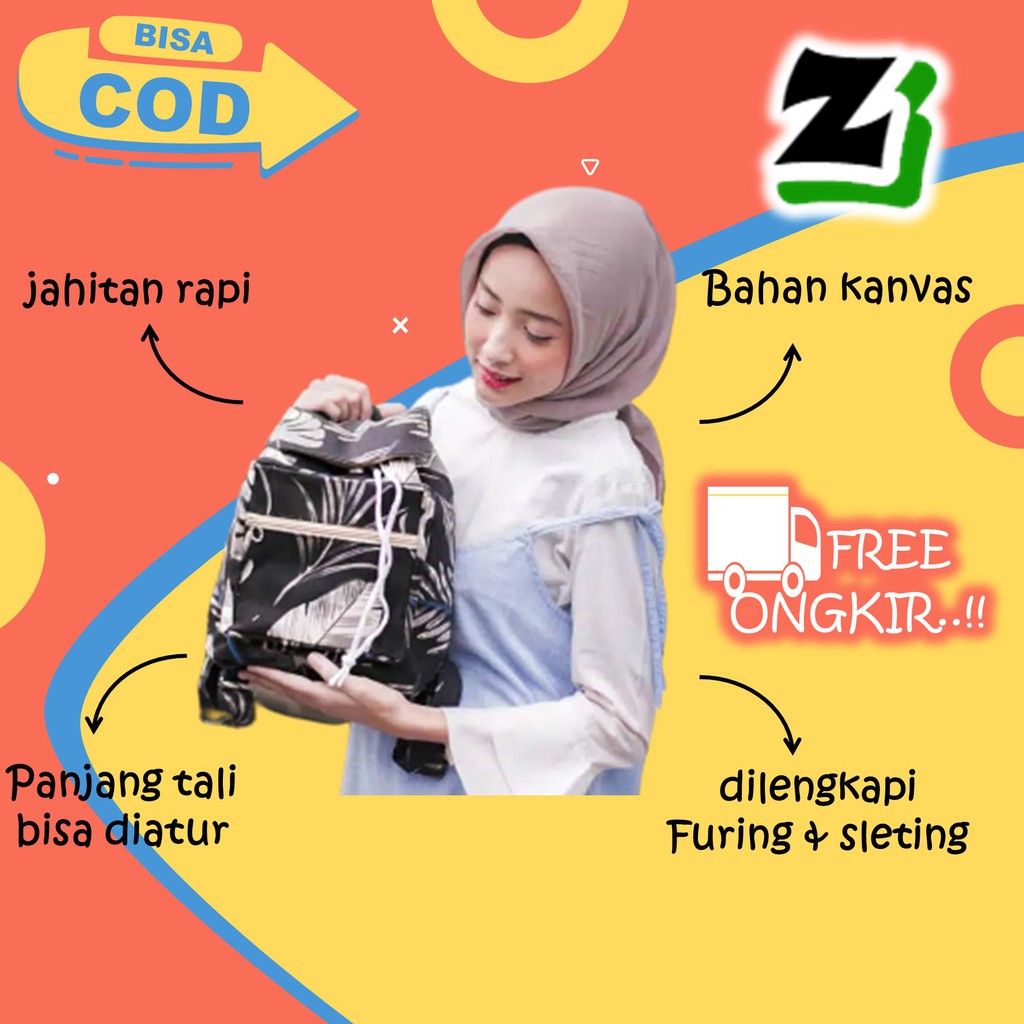 Tas ransel wanita cewek Perempuan Cewe remaja Sekolah kuliah kerja kanvas kekinian serut murah A6-daun hitam