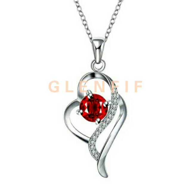 Kalung Perak + Liontin Perak model Love Permata Merah Variasi Permata Putih