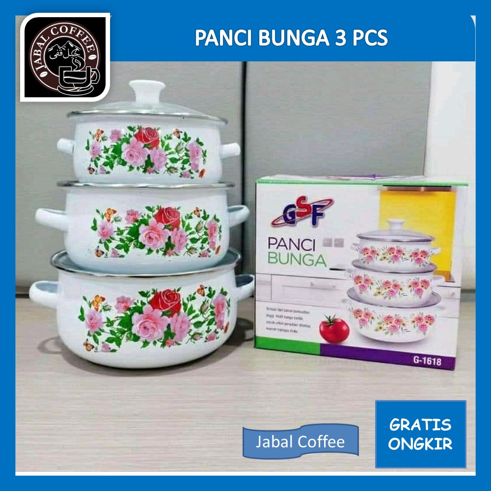 Panci Set Enamel Susun / Panci Bunga Isi Tiga Pcs / Panci Motif Corak Bunga