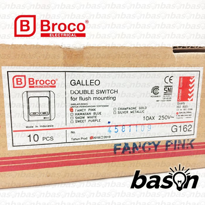 BROCO Galleo Pink / Merah Muda G162 | Saklar 2 Gang 1 Way Switch