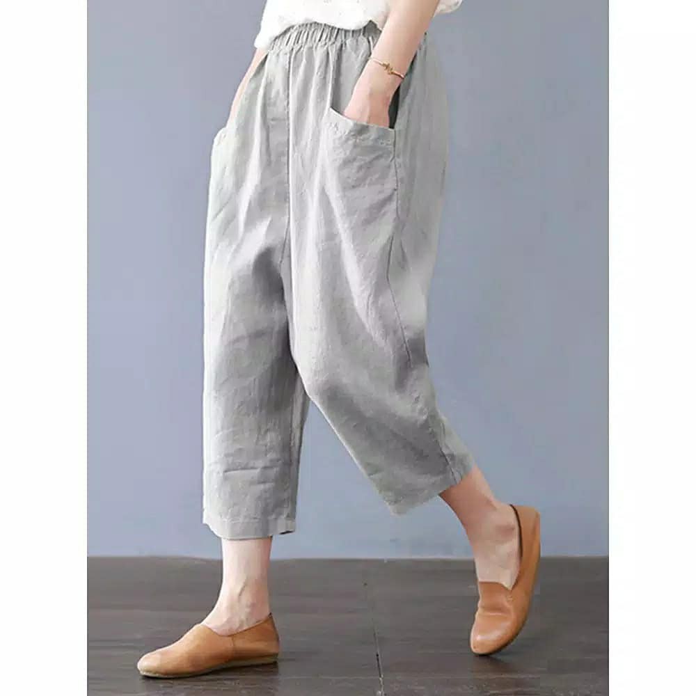 CELANA WANITA MURAH - SASHA CELANA CROP LINEN PINGGANG KARET - BAWAHAN WANITA KOREAN STYLE '-Grey