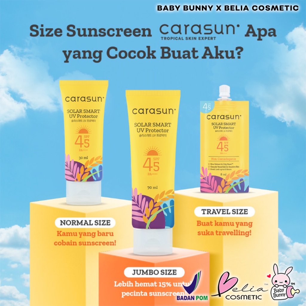 ❤ BELIA ❤ CARASUN Solar Smart UV Protector Sunscreen SPF 45 PA++++ | 8ml | 30ml | 70ml | BPOM