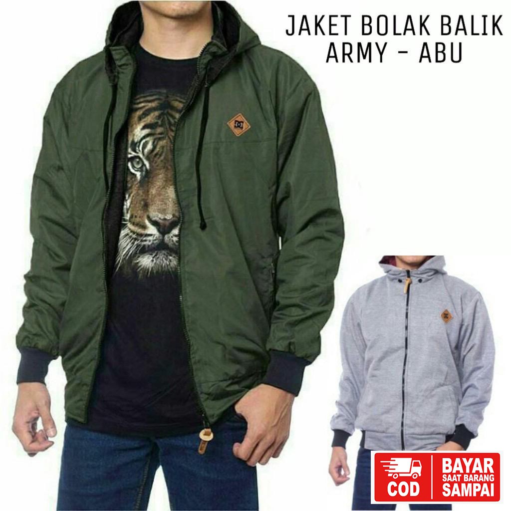 JAKET DC BOLAK BALIK / JAKET MOTOR / JAKET PARASUT HITAM-ABU-ARMY-ABU