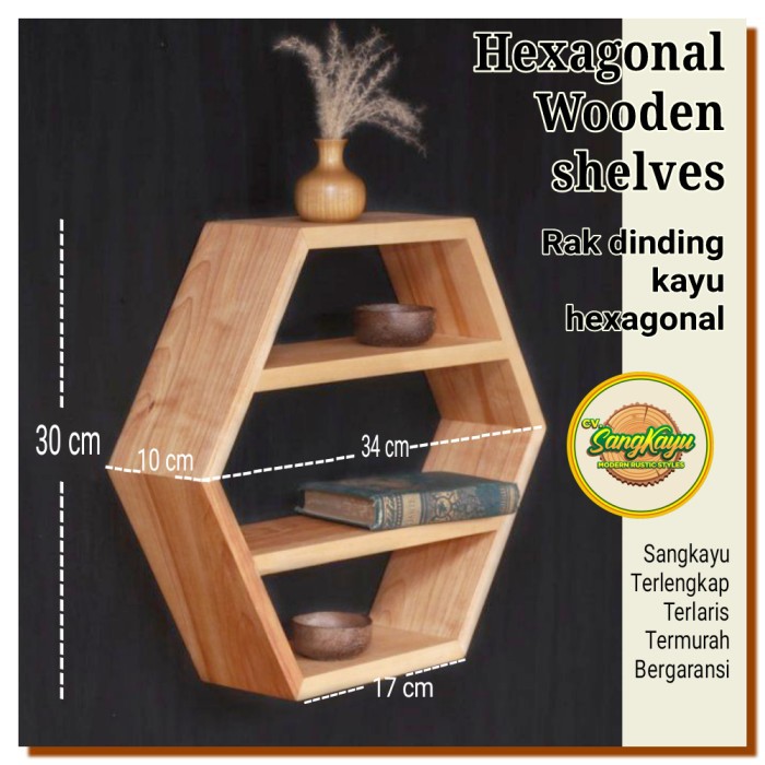 Rak hexagonal kayu 30-34-10cm Wooden rack shelves rak dinding kayu