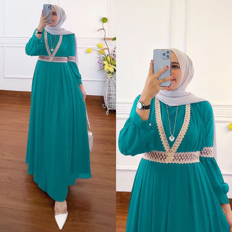 COD - Qaisha Dress Muslim Ceruty Aksen Renda Import Premium Fashion Gamis Gaun Maxy Lebaran Pesta Kondangan Terbaru-Toska
