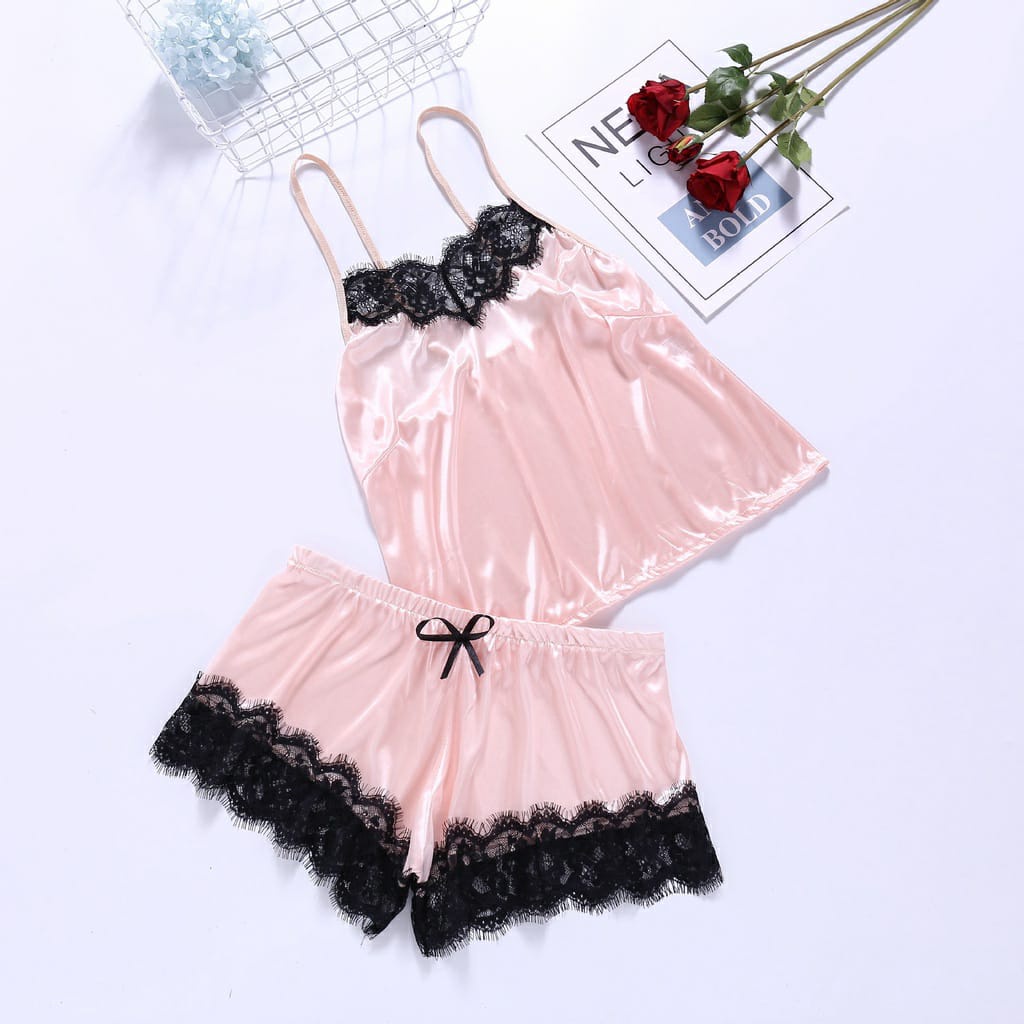 PM Pakaian Dalam Wanita Set Lingerie Celana Renda Seksi + Tank Top Set Baju Tidur Malam baju tidur set baju celana - 3123-Pink