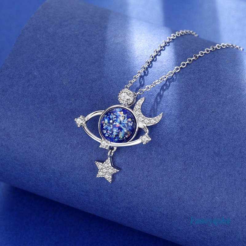 Fancyqube Kalung Sterling Silver 925 Hias Liontin Kristal Zirconia Bentuk Bulan Bintang Planet Biru Untuk Wanita