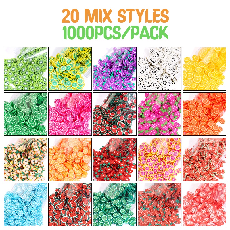 1000pcs / Pak Clay Polymer Resin 3D Motif Buah / Hewan / Bunga / Daun Untuk Dekorasi Nail Art DIY