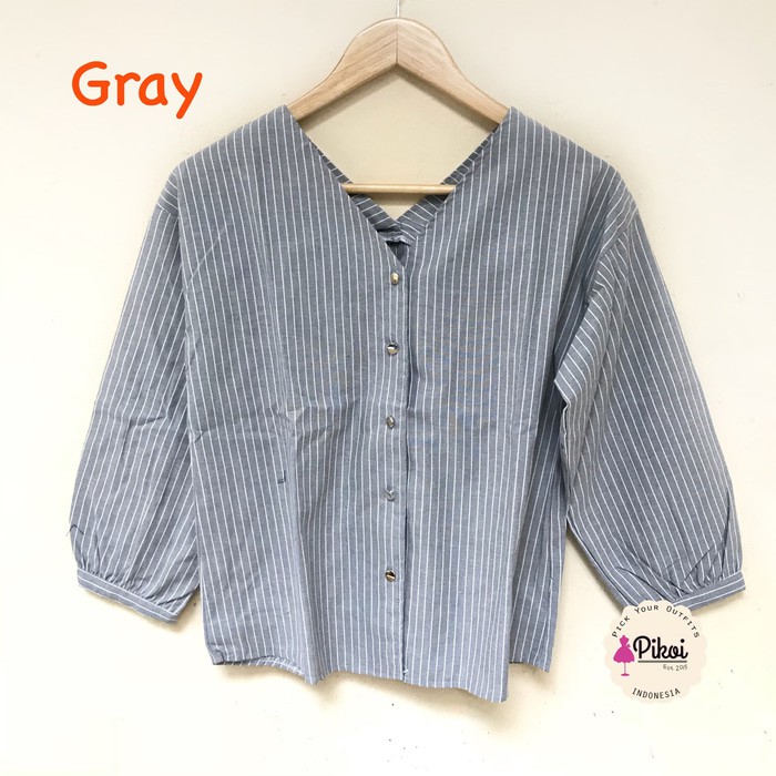 Kemeja Boyfie Garis / Kemeja Wanita Murah / Kemeja V Neck / Salur