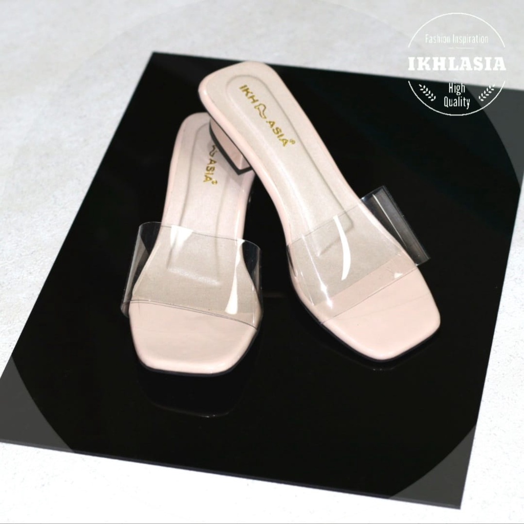 Ikhlasia Big Sale Sandal Wanita Hak Chunky Slop Mika Transparan HT69 Bisa COD