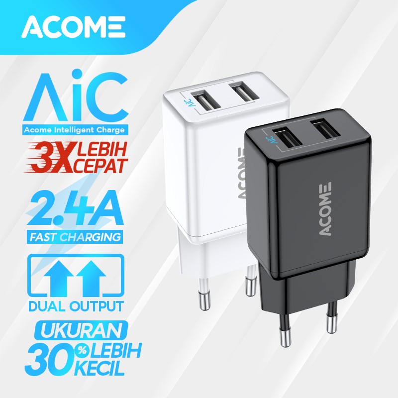 CHARGER ACOME AC03 ADAPTOR ORIGINAL 2.4 A AIC FAST CHARGING 2 PORT MICROP USB