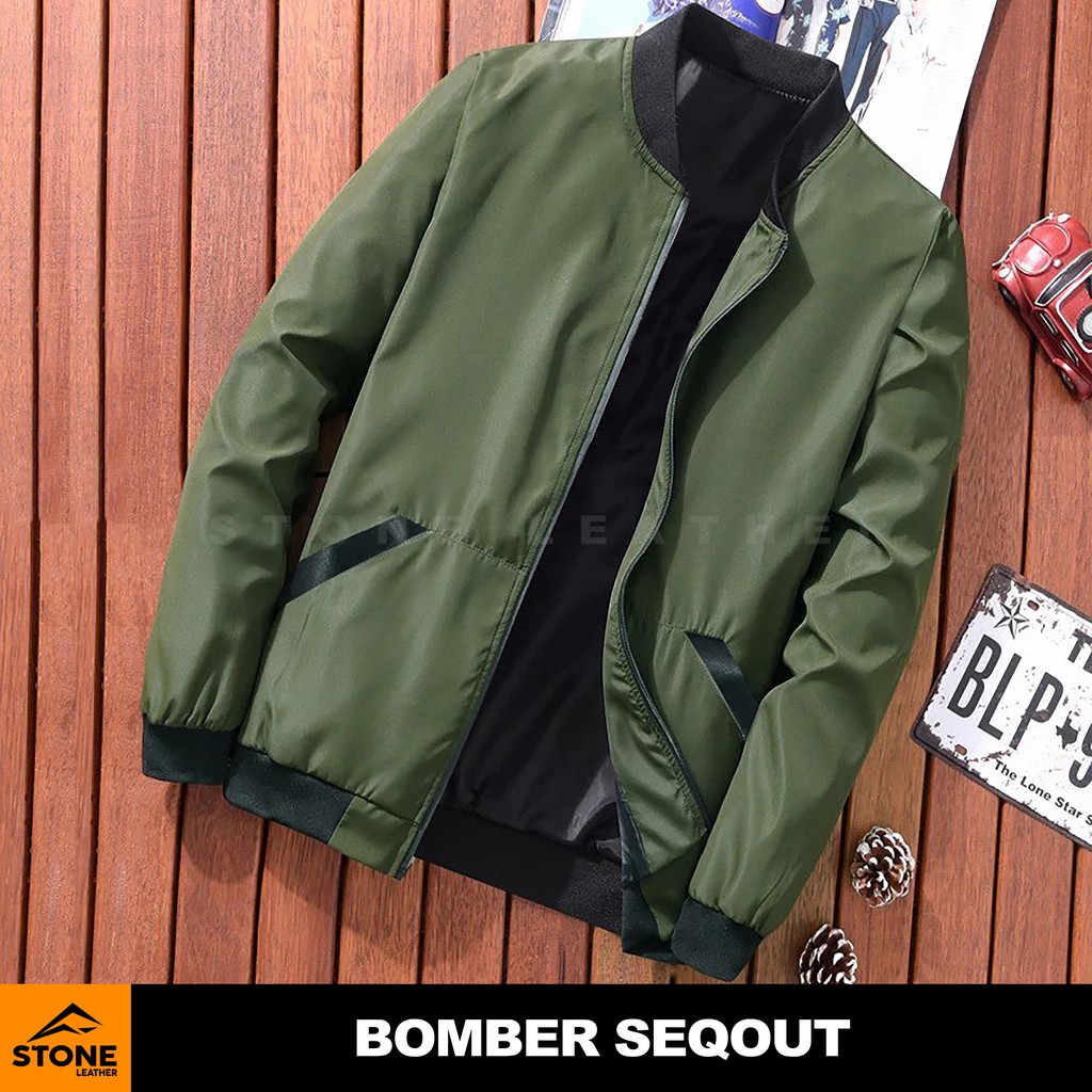 JAKET BOMBER ARMY SEQOUT POLYESTER HIJAU STONE LEATHER