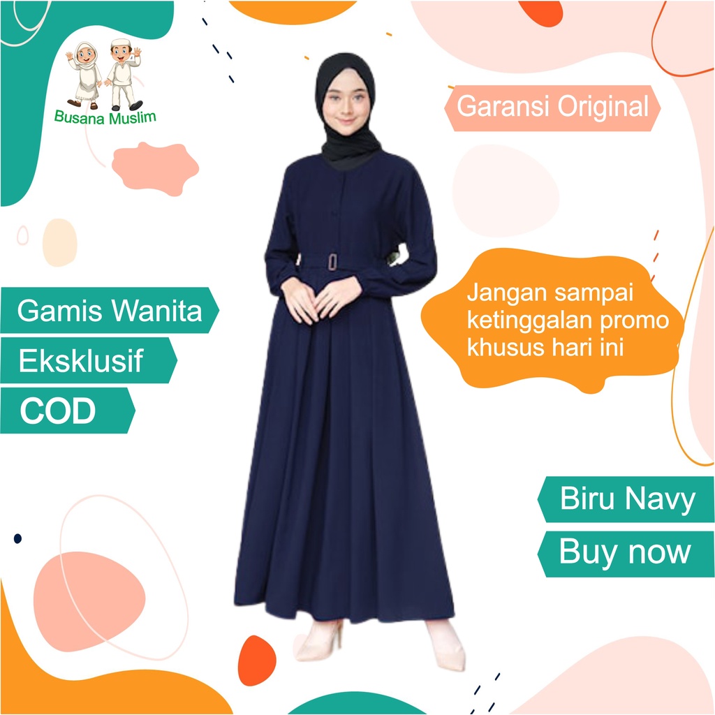Fashion Baju Gamis Dewasa Wanita Muslim Dress Cantik Kekinian Murah Terbaru 2021 Warna Biru Navy