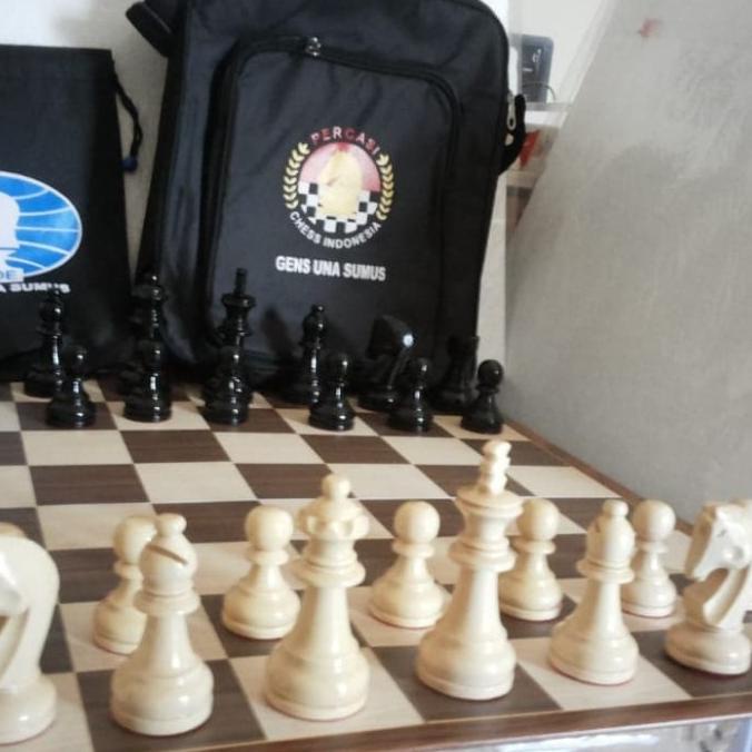 1 set papan catur kayu, buah kayu dan tas catur