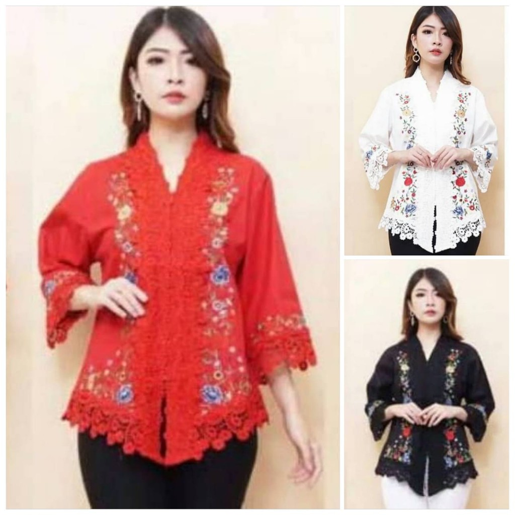 Promo Kebaya Encim Modern Katun Linen  Kombinasi Brukat Full Bordir