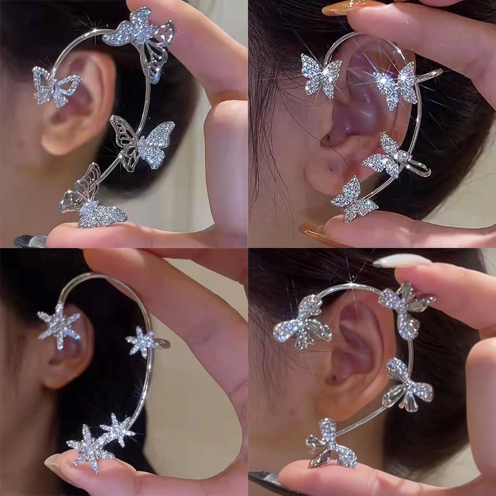 YEEZII Set Anting Kait Gantung Wanita Desain Kupu-Kupu Hias Kristal Mutiara Rumbai Daun Emas Silver