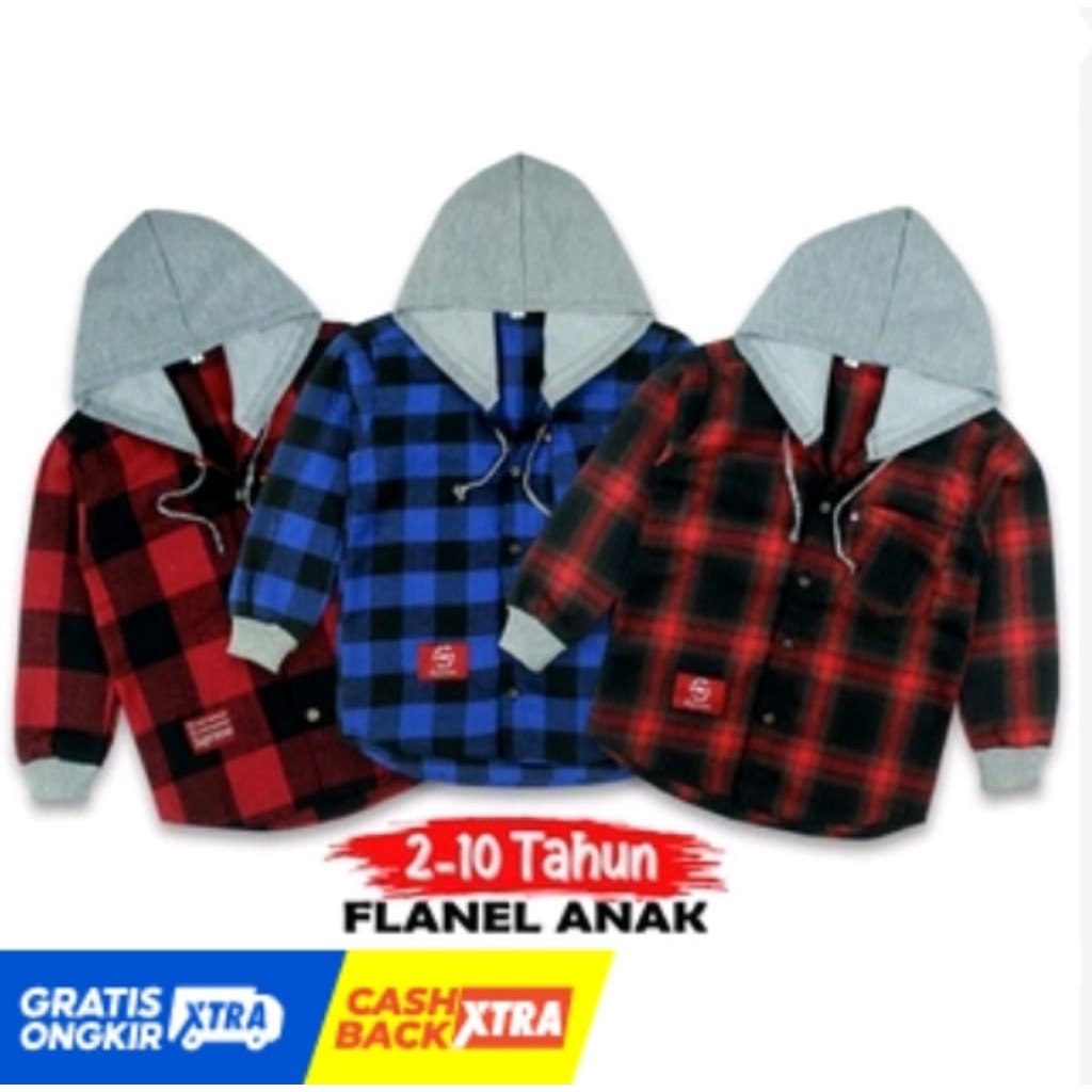 Harga Promo baju kemeja anak laki laki lengan panjang motif kotak kotak flanel usia 2-10 hoodie