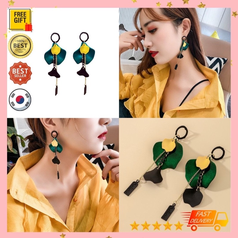 ANTING KOREA TUSUK WANITA TINDIK JEPIT PANJANG KOREA PERAK MURAH GANTUNG GIWANG BUNGA PLASTIK PANJAN