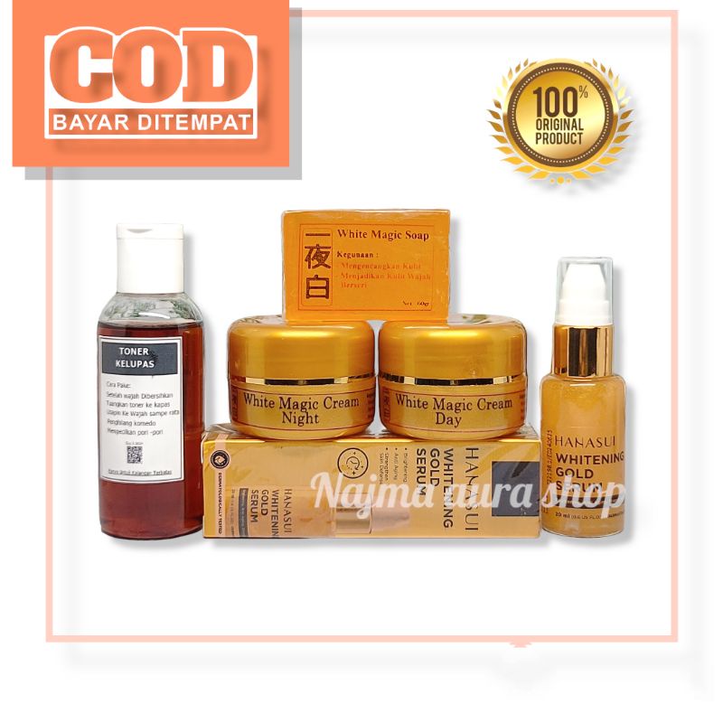 PAKET CREAM WAJAH GLOWING MAGIC KOREA & SERUM HANASUI GOLD BPOM FREE TONER KELUPAS 60 ML