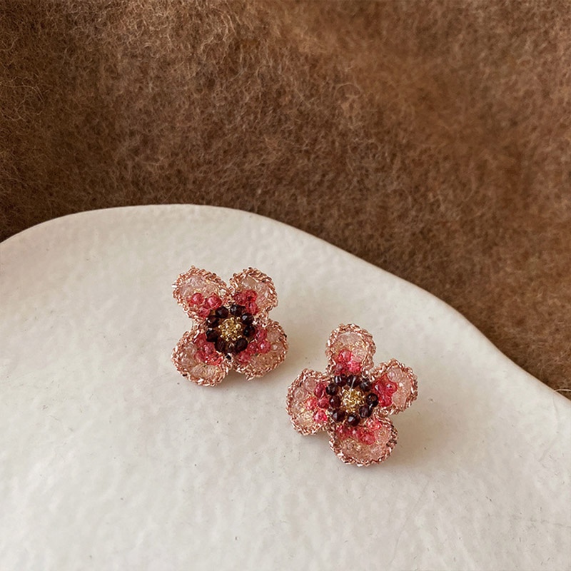 Anting 925 Silver Needle Desain Bunga Merah Gradien Gaya Retro