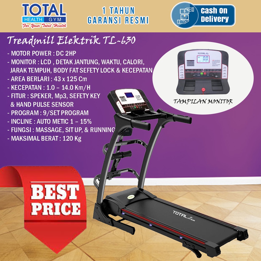 Alat fitness rumahan treadmill elektrik TL 630 treadmil listrik TOTAL FITNESS