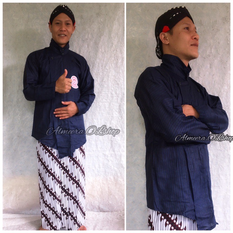 baju jawa surjan lurik biru navy raja keong