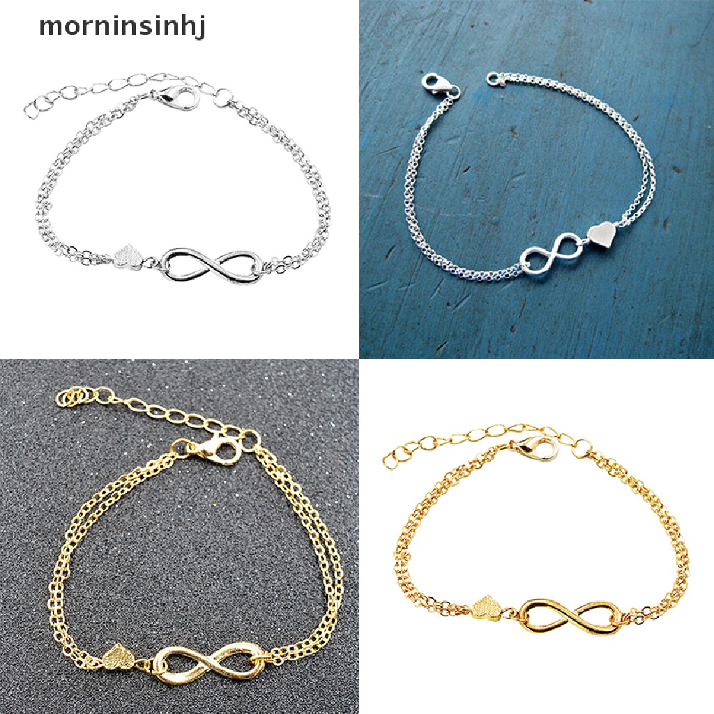 Mornin 1pc Gelang Tangan Rantai Silver Desain Angka 8hati Untuk Wanita