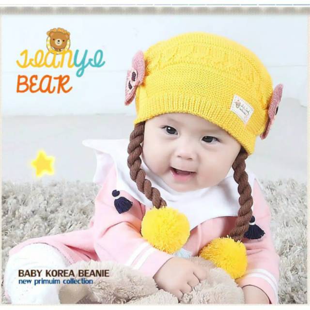 LKm027 TOPI RAJUT KEPANG DUA POMPOM / KUPLUK BAYI KEPANG-7