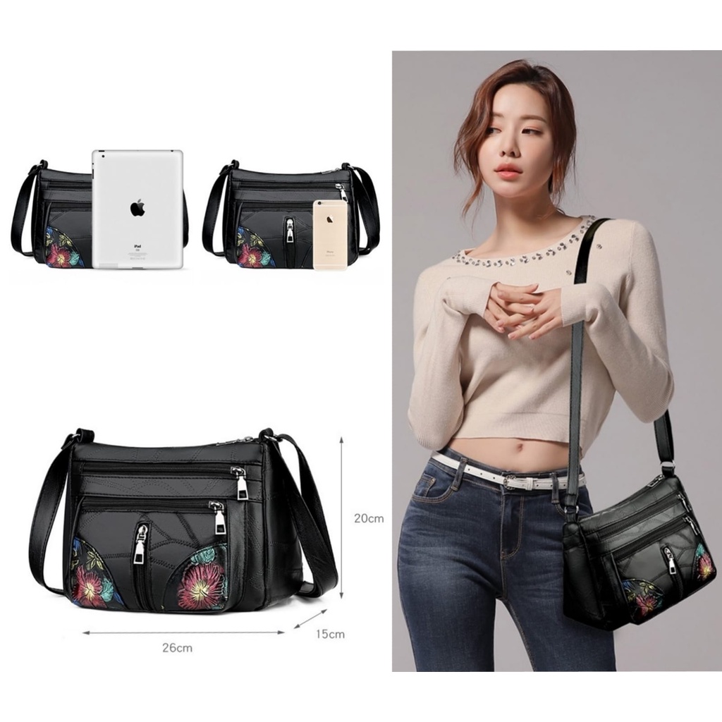 TAS SELEMPANG WANITA 4 RESLETING KULIT HITAM COBETA TA488B5 MOTIF BUNGA IMPORT SHOULDER SLINGBAG PREMIUM KOREA CEWEK MURAH SIMPLE REMAJA KEKINIAN